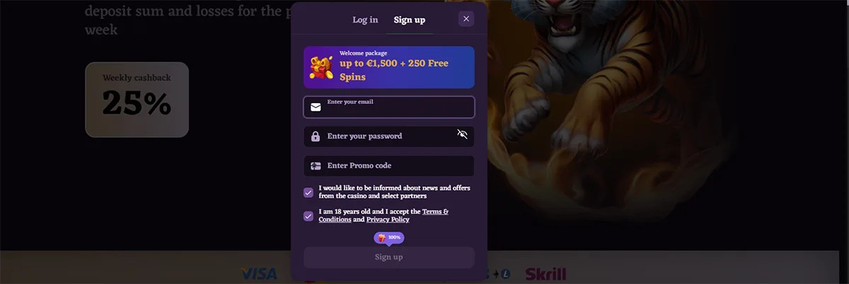 Online casino signup form offering a welcome package up to €1,500 and 250 free spins.